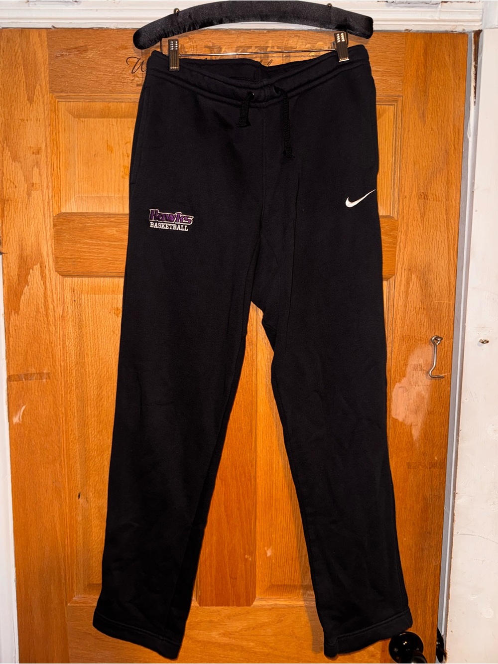 Nike Black Jogger Sweatpants with White Swoosh and Purple Team Logo